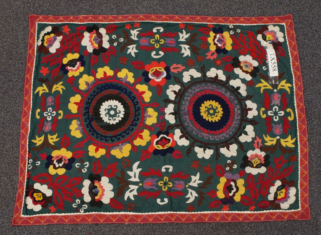 (6) Suzani, 19th/20th Century, Central Asia, silk and: (6) Suzani, 19th/20th Century, Central Asia, silk and cotton, one measures: 39" x 143"