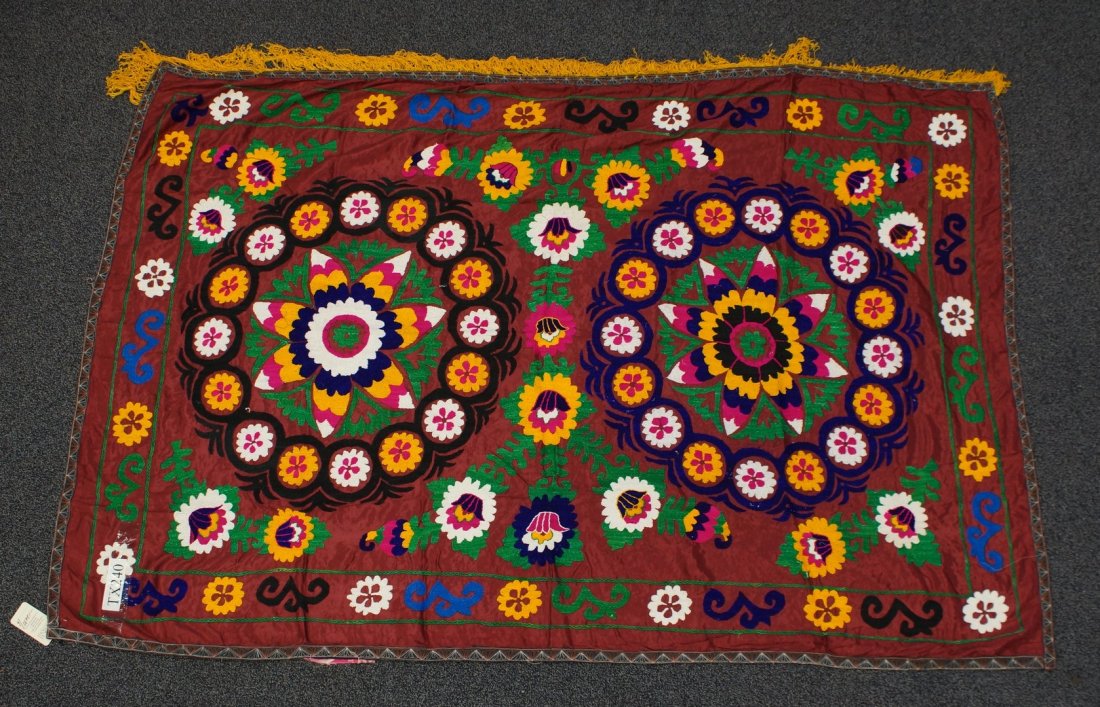 (6) Suzani, 19th/20th Century, Central Asia, silk and: (6) Suzani, 19th/20th Century, Central Asia, silk and cotton, one measures: 61" x 142"