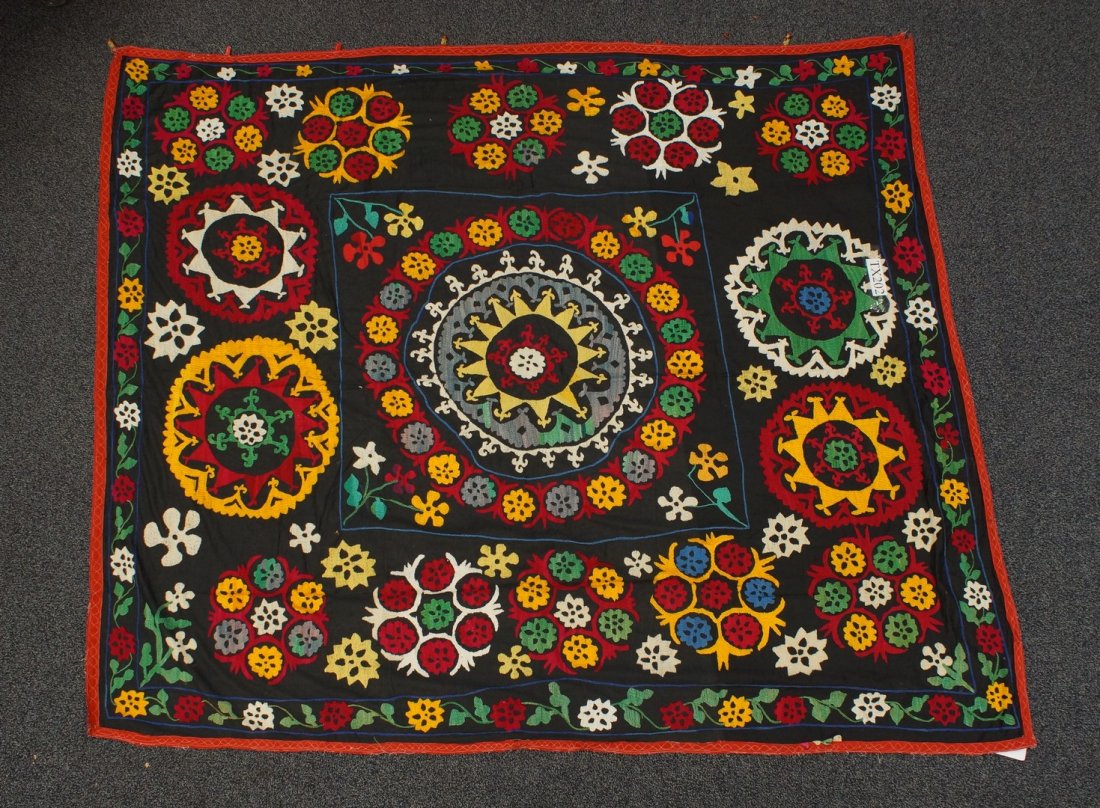 (4) Suzani, 19th/20th Century, Central Asia, silk and: (4) Suzani, 19th/20th Century, Central Asia, silk and cotton, one measures: 67" x 88"