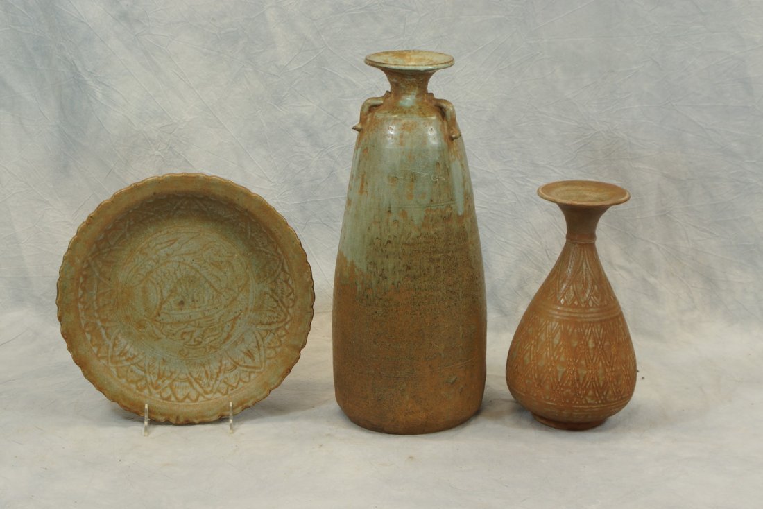 (3) Glazed earthenware pottery, to include bowl,: (3) Glazed earthenware pottery, to include bowl, handled vessel, and vase, Thailand, tallest measures: 16" h