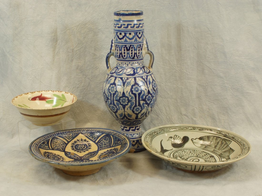 (3) Painted faience ware vase and bowls with geometric: (3) Painted faience ware vase and bowls with geometric and foliate motifs, together with English painted bowl, tallest measures: 19 1/2" h