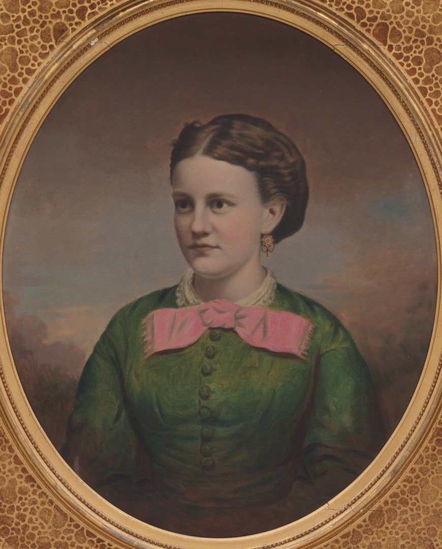 American School, 19th Century, Portrait of Young Woman,: American School, 19th Century, Portrait of Young Woman, unsigned, in ornately carved framed from J C Ripley, Norwich, CT, 29 1/4" x 24" sight, 39 3/4" x 34 1/4" framed