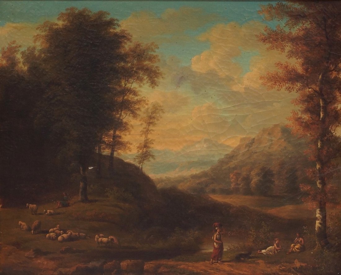 In the manner of Johannes Glauber, Continental School,: In the manner of Johannes Glauber, Continental School, 19th century, Arcadian landscape with shepherds, canvas preparer's stencil on verso reads: "12 Ancienne Maison, Valle, Bellavoine, Successeur, 3 