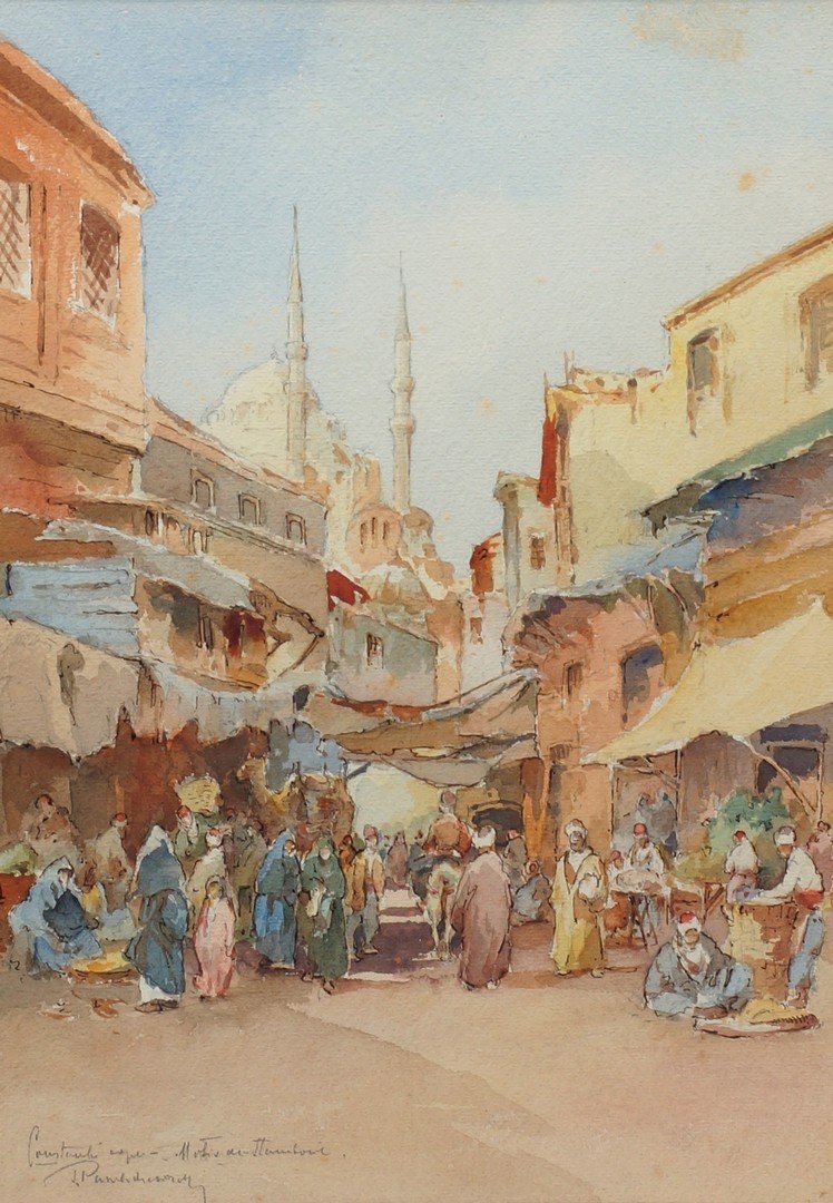 Continental School, 20th Century, watercolor with: Continental School, 20th Century, watercolor with gouache highlights, Bazaar Scene, signed and titled illegibly in pencil lower left, 16 1/4" x 11 1/4" sight, 25 1/4" x 19 3/4" framed, areas of discol