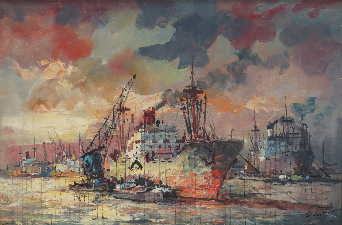 American School, 20th Century, oil on canvas, Ships at: American School, 20th Century, oil on canvas, Ships at Sunset, signed illegibly lower right, 23 1/2" x 35 1/2" sight, 29 1/4" x 41 1/2" framed