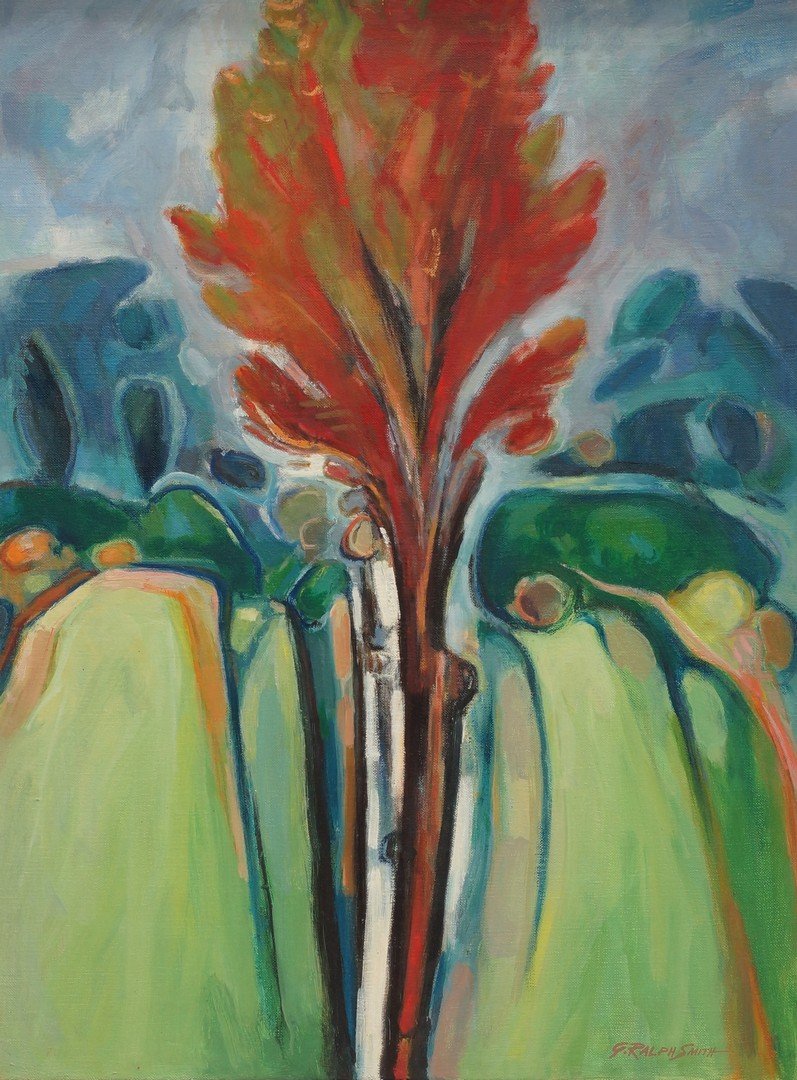 G Ralph Smith, American, PA, 1907-2007, oil on: G Ralph Smith, American, PA, 1907-2007, oil on masonite, "Landscape", 1960s, signed lower right, 31 1/2" x 23 1/2" sight, 37" x 28 1/2" overall, in custom frame by artist