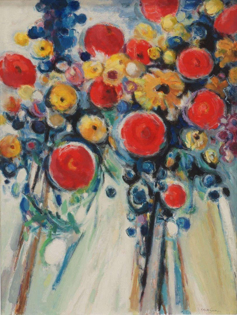 G Ralph Smith, American, PA, 1907-2007, oil on: G Ralph Smith, American, PA, 1907-2007, oil on masonite, "Yellow and Red Flowers", signed lower right, 23 5/8" x 17 1/2" sight, 31 1/4" x 25 1/4" overall, in custom frame by artist