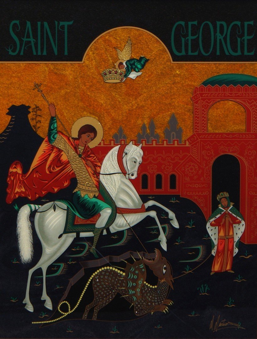Martiros Manoukian, Armenian, b 1947, embellished: Martiros Manoukian, Armenian, b 1947, embellished serigraph: "Saint George", 19" x 16 1/4" sight size, matted in gilt frame