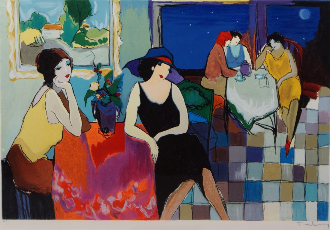 Itzchak Tarkay, Serb-Israeli, b 1935, 5 Women in a: Itzchak Tarkay, Serb-Israeli, b 1935, lithograph, 5 Women in a Cafe, AP, signed lower right, 20" x 29 1/2" sight