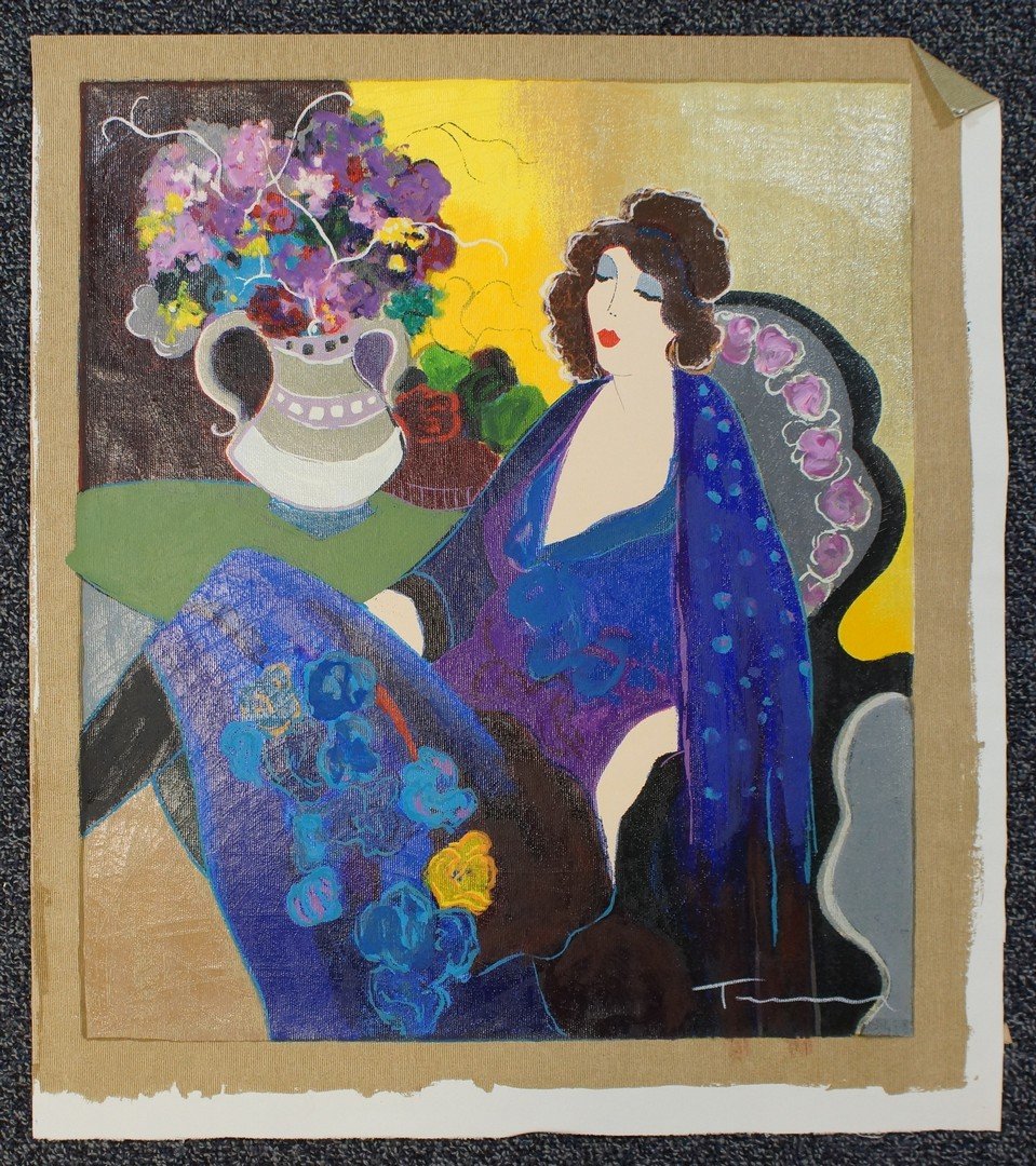 (2) Itzchak Tarkay, Serb-Israeli, b 1935: Woman in Blue: (2) Itzchak Tarkay, Serb-Israeli, b 1935: Woman in Blue, giclee on canvas, signed lower right, 24" x 21" unframed; Woman by window in blue hat, reproduction print, 27" x 27 1/2" unframed