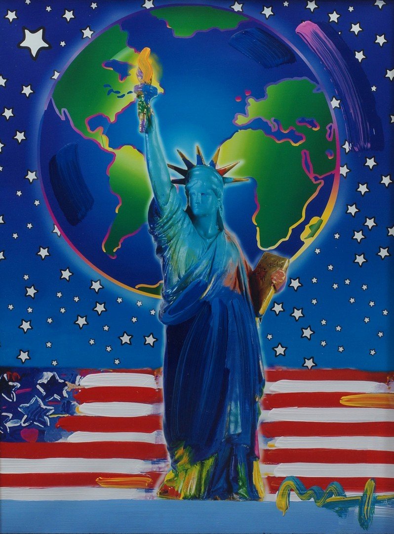 Peter Max, American/ German, b 1937,acrylic embellished: Peter Max, American/ German, b 1937, acrylic embellished lithograph, "Peace on Earth", signed, 23" x 18" sight
