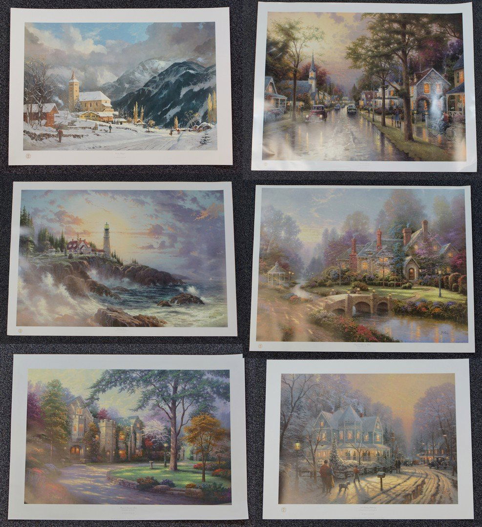 (6) Thomas Kinkaid, American, 1958-2012, unframed: (6) Thomas Kinkaid, American, 1958-2012, unframed prints: "A Holiday Gathering, Christmas Cottage IX", edition1073/1370, 22" x 31" overall; "Beyond Spring Gate III", edition 15/270; "Beyong Summer Gat