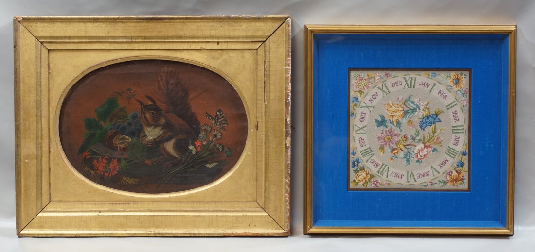 American School, 19th Century, oil on canvas, Squirrel: American School, 19th Century, oil on canvas, Squirrel with fruit, nuts, flowers, 14" x 10" sight, 16 1/2" x 20 1/4" overall, in period gilt frame (with losses) with a needlepoint calendar clock