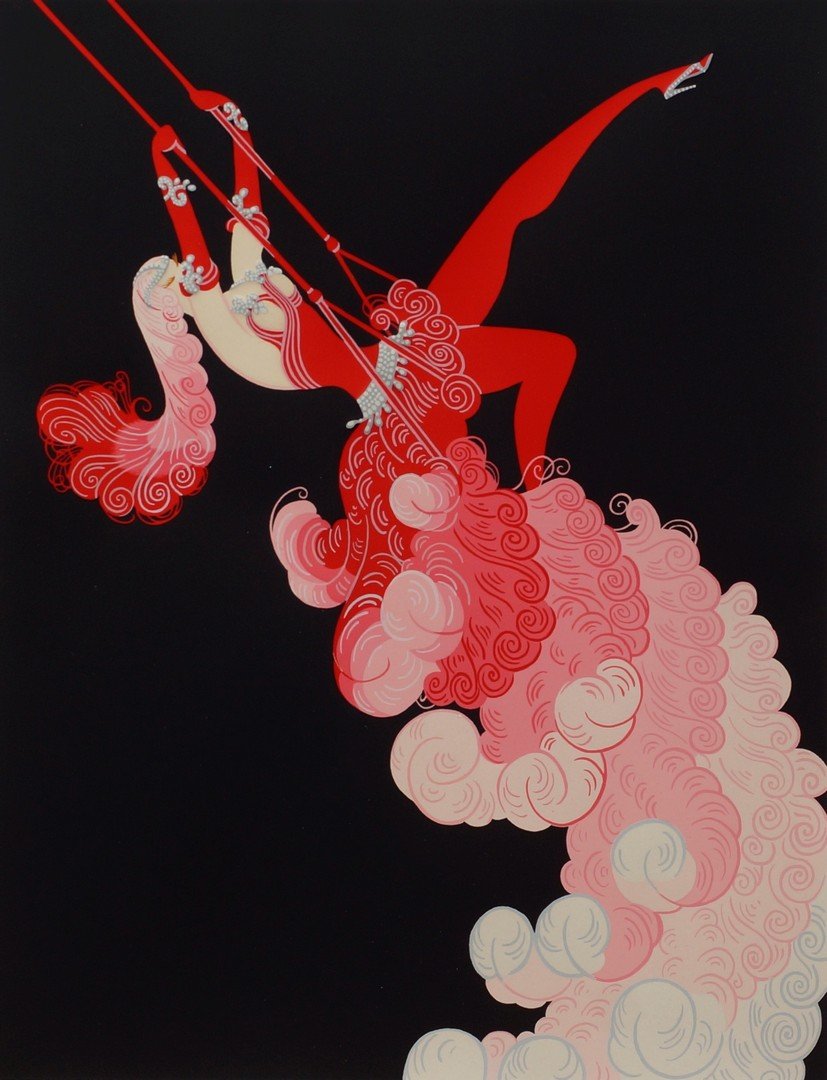 Erte, Russian-French, 1892-1990, serigraph, "The: Erte, Russian-French, 1892-1990, serigraph, "The Trapeze", Artist's Proof, pencil signed lower right, 24 1/4" x 17 3/4" sight, 31 /4" x 24 1/4" overall