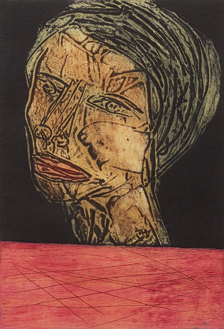 Eduardo Roca Salza "Choco", Cuban, b 1949, collagraph,: Eduardo Roca Salza "Choco", Cuban, b 1949, collagraph, Portrait of Woman, edition 7/8, signed and dated '04 lower right, 15" x 10 1/2" plate size, 15 3/4" x 20" overall