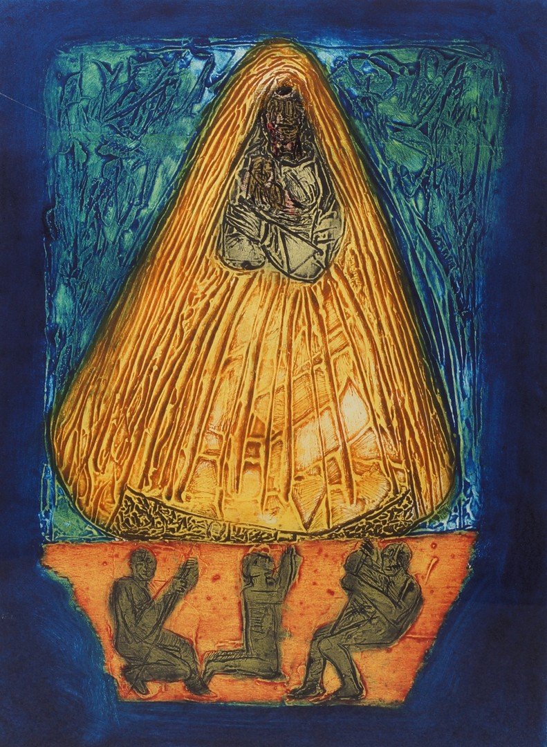 Eduardo Roca Salza "Choco", Cuban, b 1949, collagraph,: Eduardo Roca Salza "Choco", Cuban, b 1949, collagraph, Virgin Mary, artist's proof, signed and dated '07 lower right, 25" x 18 1/2" plate size, 35 3/4" x 27 1/2" overall