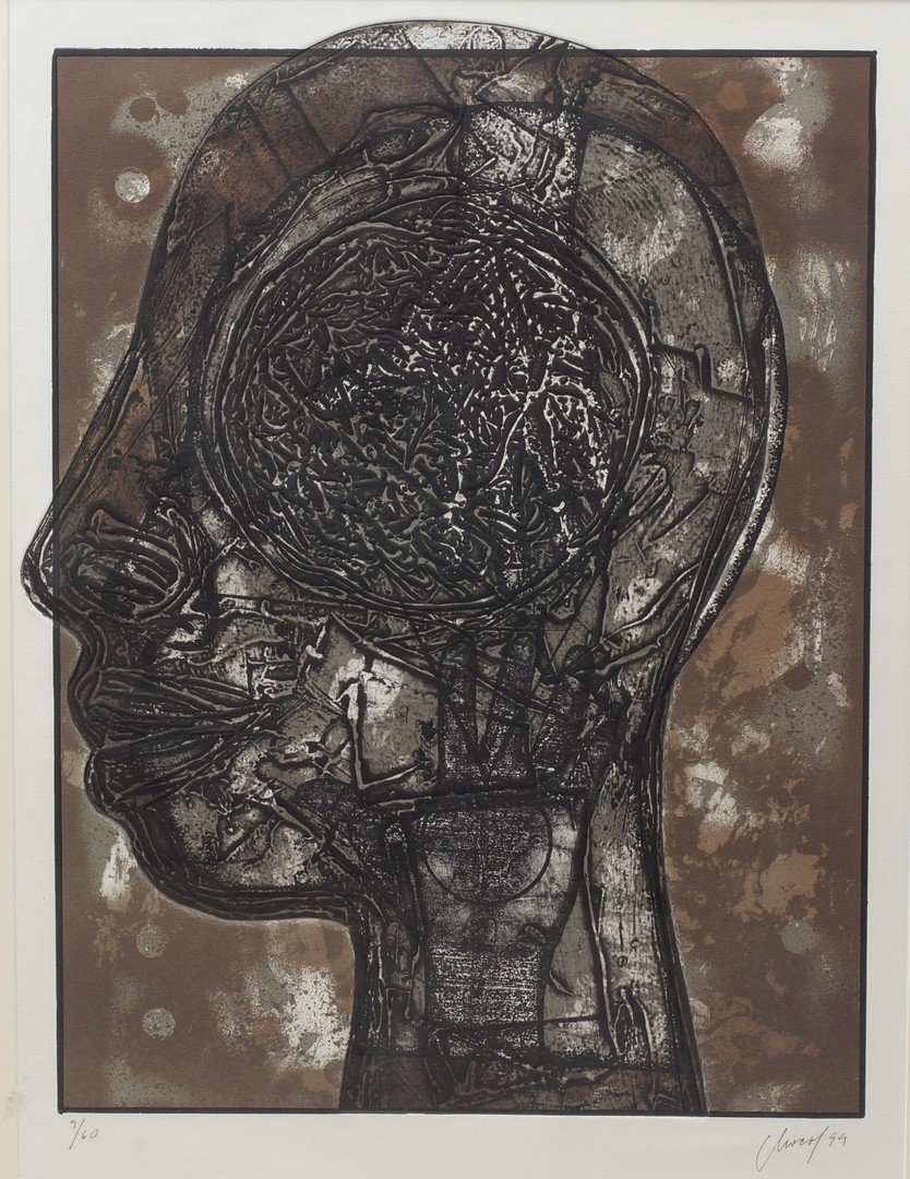 Eduardo Roca Salza "Choco", Cuban, b 1949, collagraph,: Eduardo Roca Salza "Choco", Cuban, b 1949, collagraph, Profile of Man, edition 9/60, signed and dated '99 lower right, 24 1/4" x 18 3/4" plate, 35" x 27 1/2" overall