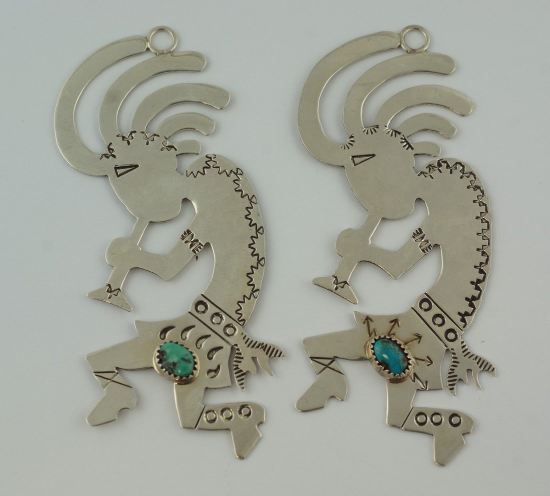 (2) Brad Panteah silver & turquoise pendants, kokopelli: (2) Brad Panteah silver & turquoise pendants, kokopelli design with small round bezel turquoise stone, marked "B. Panteah", 3.5" x 1", 1.01 TO