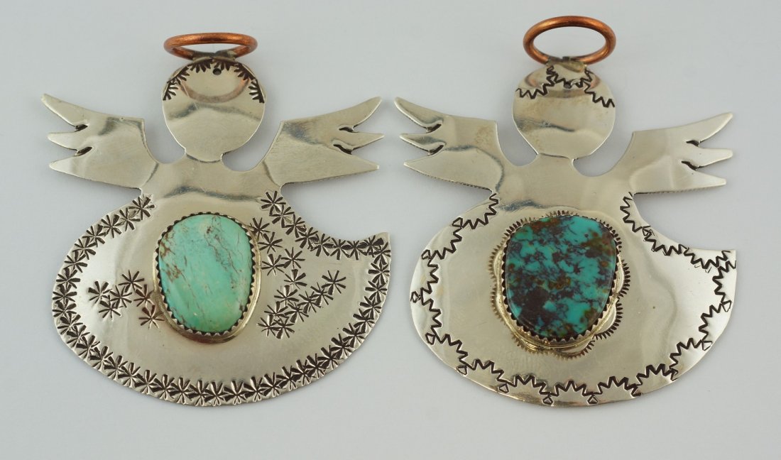 (2) Brad Panteah silver, copper & turquoise pendants,: (2) Brad Panteah silver, copper & turquoise pendants, angel design with stamping, bezel oval green turquoise stone, copper halo, marked "B. Panteah", 2" x 2", 1.16 TO