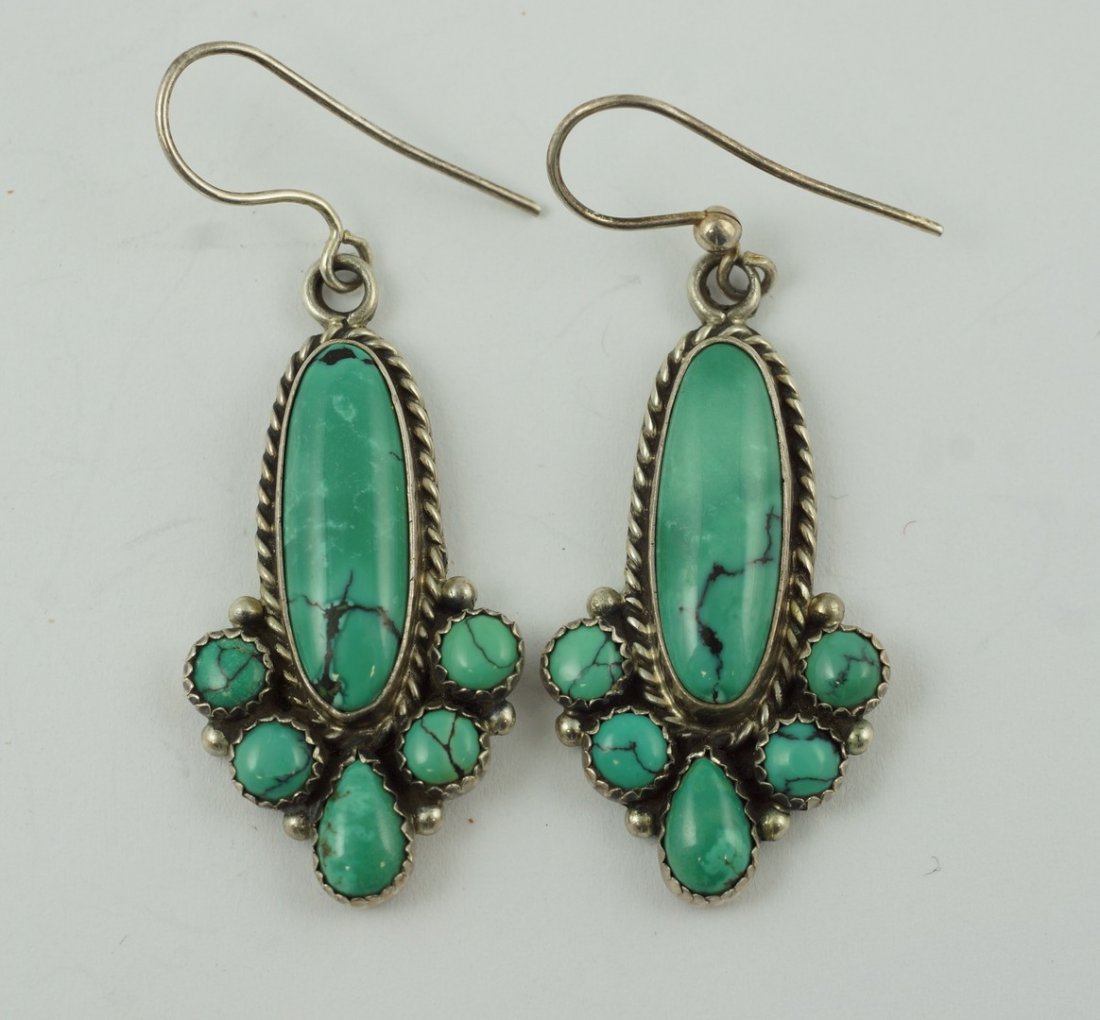 Sterling silver & turquoise earrings, traditional: Sterling silver & turquoise earrings, traditional Navajo style, large bezel oval green stone, 5 bezel green turquoise stones, twisted wire, raindrops, French wire, 1.25"