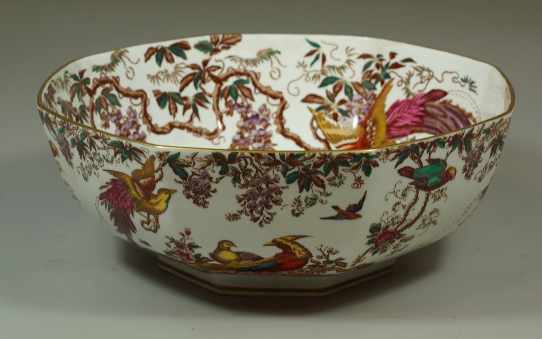 Hexagonal Royal Crown Derby porcelain bowl, marked Made: Hexagonal Royal Crown Derby porcelain bowl, marked Made in England, mark for 1921-1965, year cypher XXV c 1962, "Old Avesbury" with an ivory ground with birds, 11-1/2".