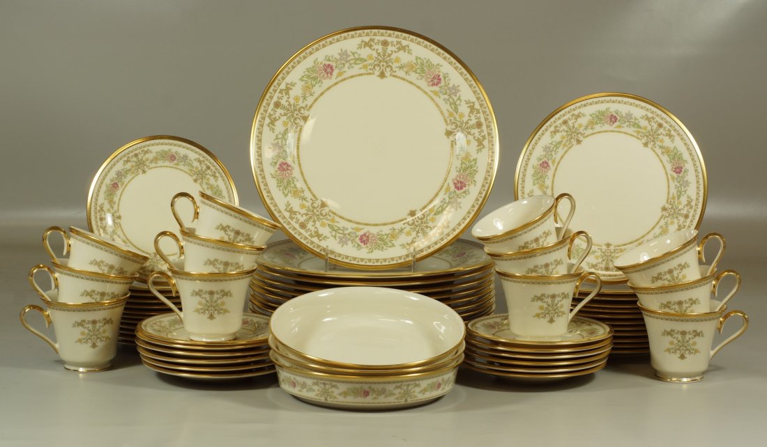 (63) piece Lenox "Castle Garden" dinnerware set, to: (63) piece Lenox "Castle Garden" dinnerware set, to include; (12) dinner plates, (12) salad plates, (12) bread and butter plates, (12) teacups, (12) saucers, and (3) round serving bowls