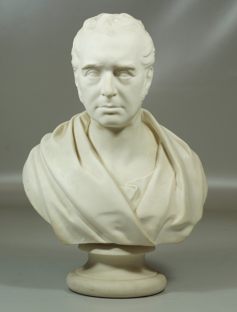 Wedgwood Parian bust of Robert Stephenson, marked Josia: Wedgwood Parian bust of Robert Stephenson, marked Josiah Wedgwood & Sons, Published July 12, 1858, modeled by RW Wyon, on a plinth base, 15" high