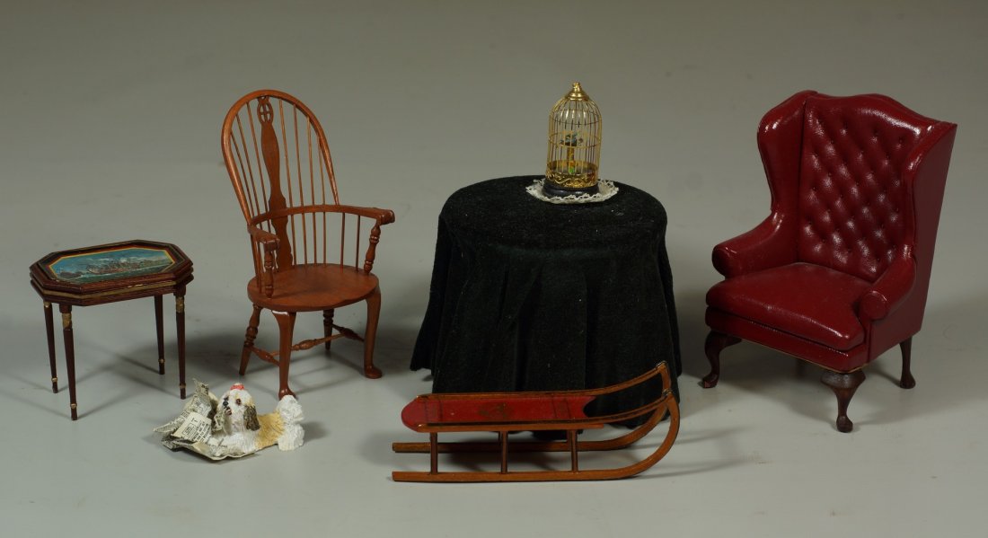 6 pc group of handmade doll house furniture, comprised: 6 pc group of handmade doll house furniture, comprised of a table, windsor chair, sled, wing armchair, dog and tray table, some marked RSJ, RCH, Ken Palmer. 4" tallest.