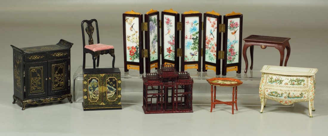 8 pc group of hand made doll house furniture, comprised: 8 pc group of hand made doll house furniture, comprised of a Japanese 6 fold screen, bird cage, side table, tray table and French style chest of drawers, also Japanese side chair, small cupboard and c