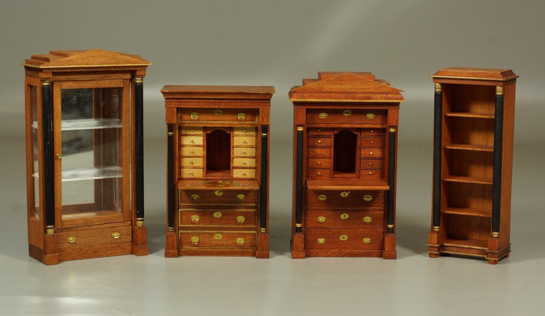 4 pc set of Biedermire set of 2 desks, display cabinet: 4 pc set of Biedermire set of 2 desks, display cabinet and book shelf. 7" tallest. Top molding damaged on a desk.