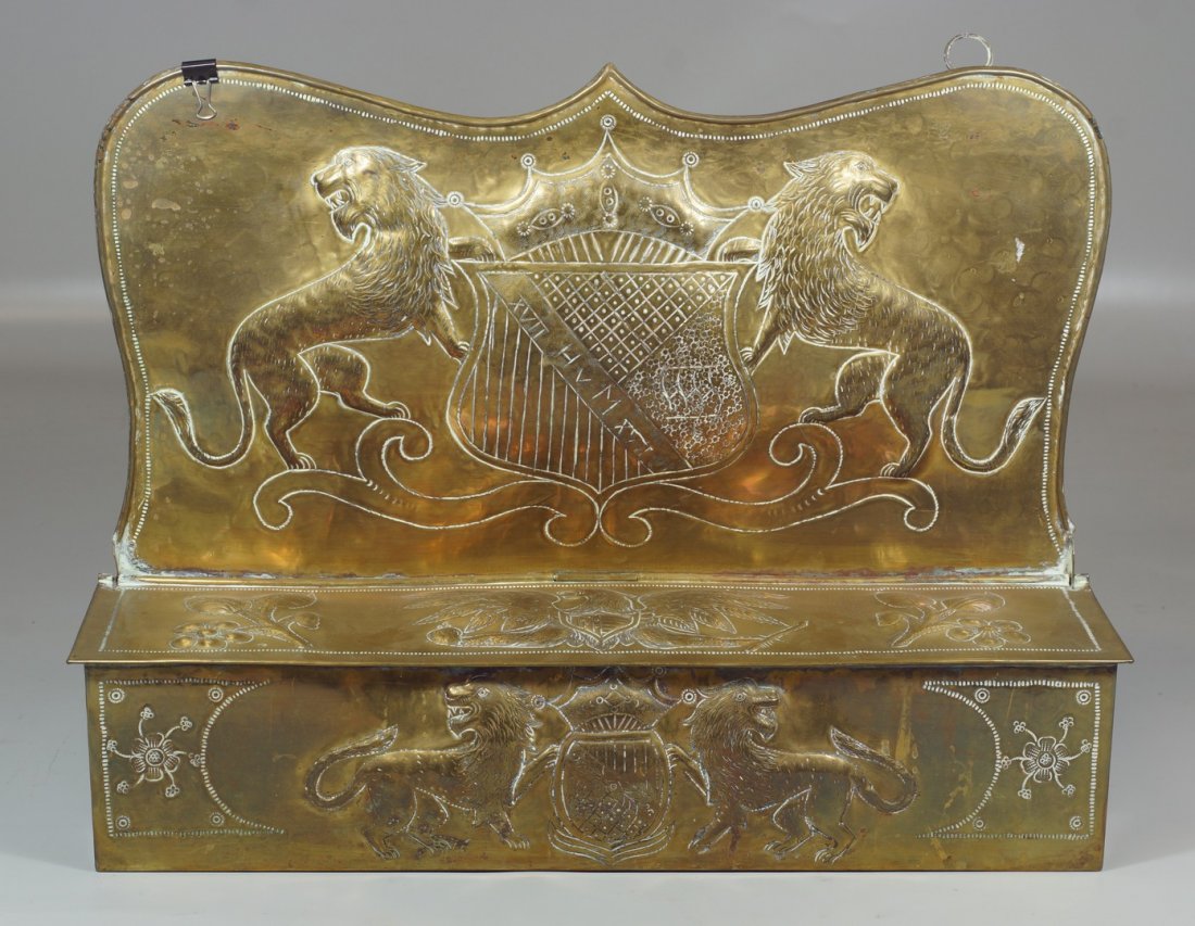 Brass hanging taper container, with embossed lions,: Brass hanging taper container, with embossed lions, eagles and armorial motifs, 14" high.