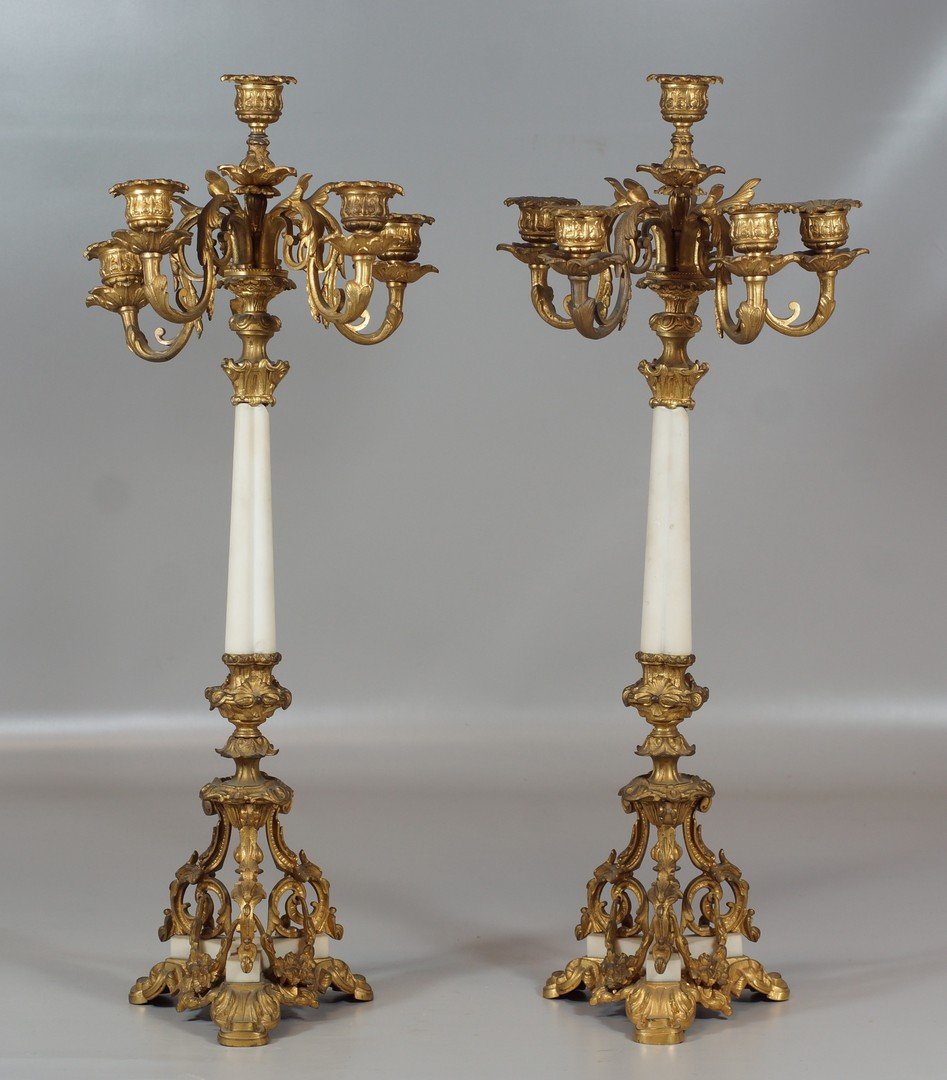 Pr French alabaster and gilt bronze candelabra, 5: Pr French alabaster and gilt bronze candelabra, 5 lights surmounted with 1 center light, top nozzle loose on one, 24 1/2" h