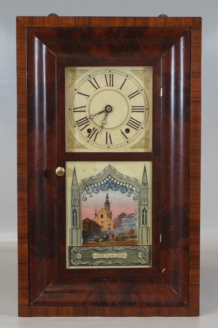 Early New York Ogee shelf clock, marked "Smith &: Early New York Ogee shelf clock, marked "Smith & Brothers, Number 7 1/2, New York", Eglomise painted panel with Marketplace Quebec, 28" x 17" x 4 7/8"