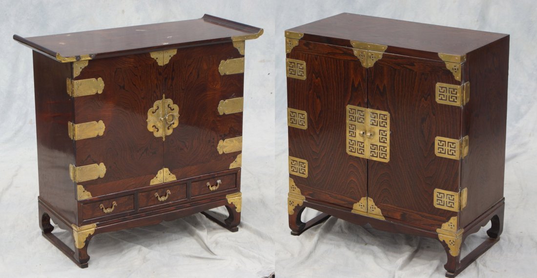 (2) brass mounted Asian style side cabinets, largest: (2) brass mounted Asian style side cabinets, largest 28" h, 24" w, 18" d, 20th c