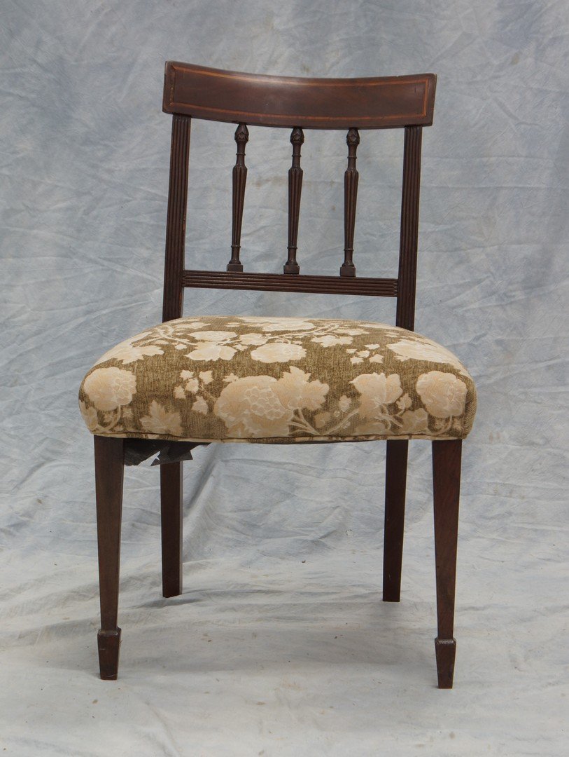 Sheraton mahogany side chair, 18th Century, inlaid: Sheraton mahogany side chair, 18th Century, inlaid crest above reeded stiles, floral and reed carved spindles, above an upholstered out flaring seat on square tapering legs, 32" high, inlay missing on
