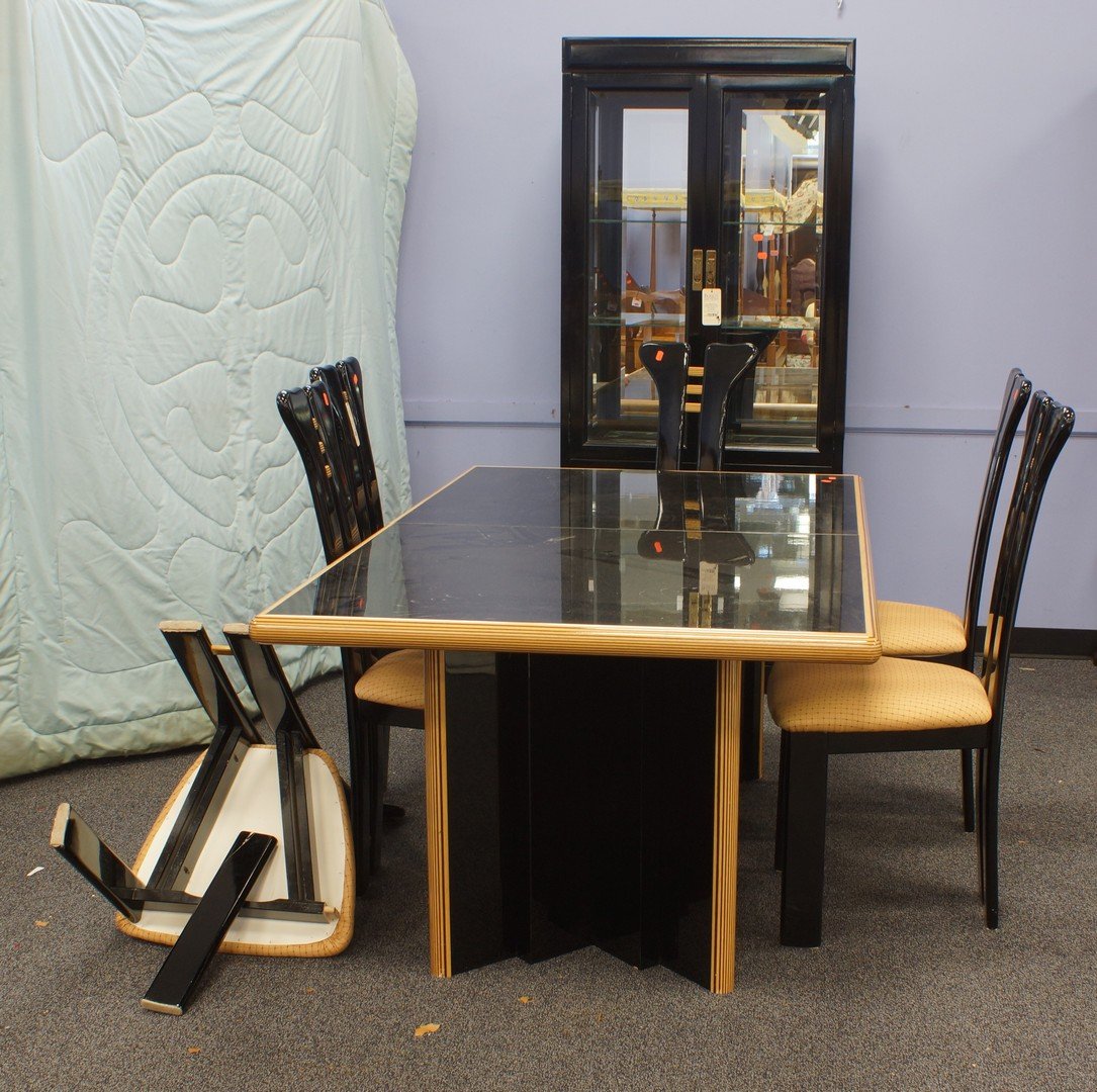 9 pc modern design black lacquered and inlaid DR set: 9 pc modern design black lacquered and inlaid DR set c/o rectangular table, credenza, china cabinet, and 6 side chairs, table 72" l, 42" w, one 21 1/2" lwaf, one chair with damaged leg