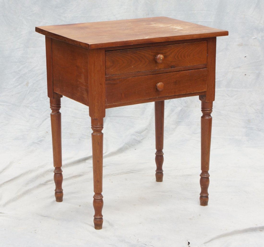 2 drawer walnut Sheraton stand, 19th c, 24" w, 29" h: 2 drawer walnut Sheraton stand, 19th c, 24" w, 29" h, damage to top