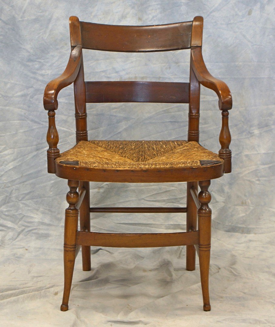 Sheraton armchair with rush seat, early 19th c, 32" h: Sheraton armchair with rush seat, early 19th c, 32" h
