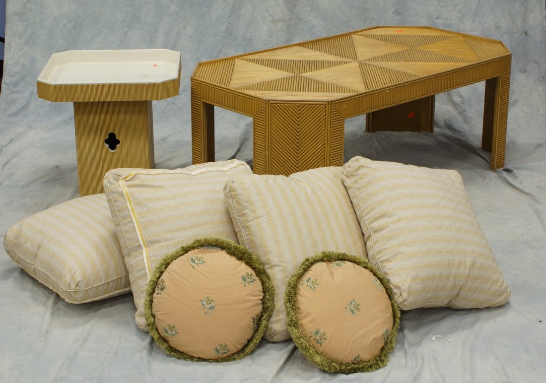 Rectangular rattan coffee table with cut corners, along: Rectangular rattan coffee table with cut corners, along with ceramic reeded plant pedestal and 6 throw cushions