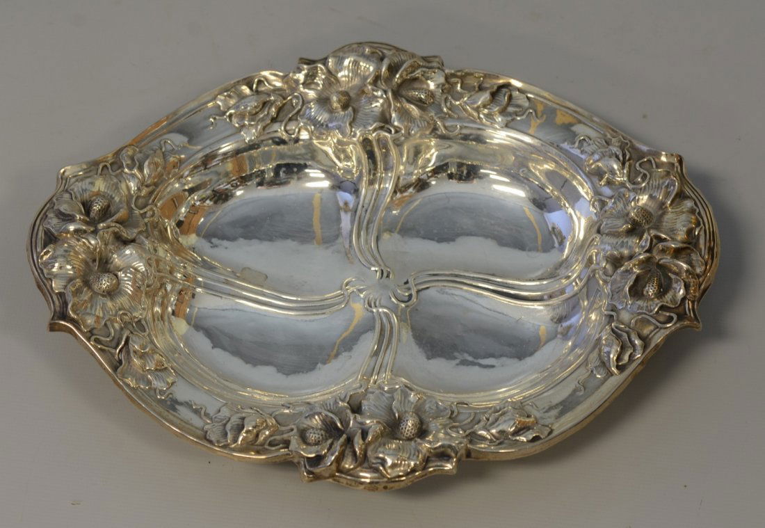 Unger Brothers sterling silver lily pattern candy dish,: Unger Brothers sterling silver lily pattern candy dish, 7 3/4" l, 2.36 TO