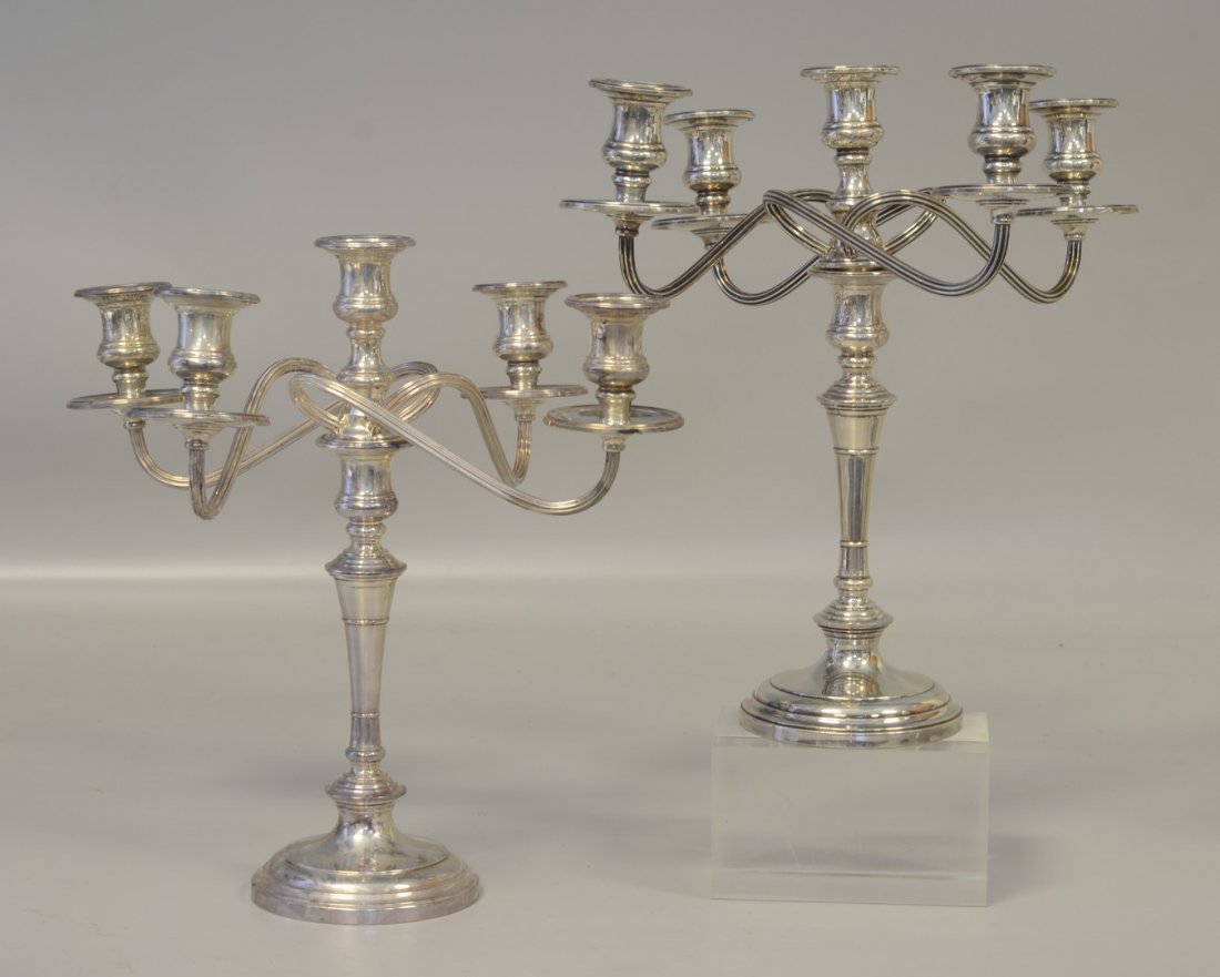Pair of S Kirk & Son Sterling candelabra, each holds 5: Pair of S Kirk & Son Sterling candelabra, each holds 5 candles, convertible to single candle sticks, reinforced with cement, 14-1/4" high,