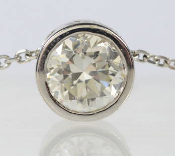 Approximately 3 carat diamond & platinum pendant and: Approximately 3 carat diamond & platinum pendant and chain, the solitaire old modern cut stone in a platinum bezel mount, measuring about 9.0 mm by 5.77 mm deep, by measurement weight is about 2.85