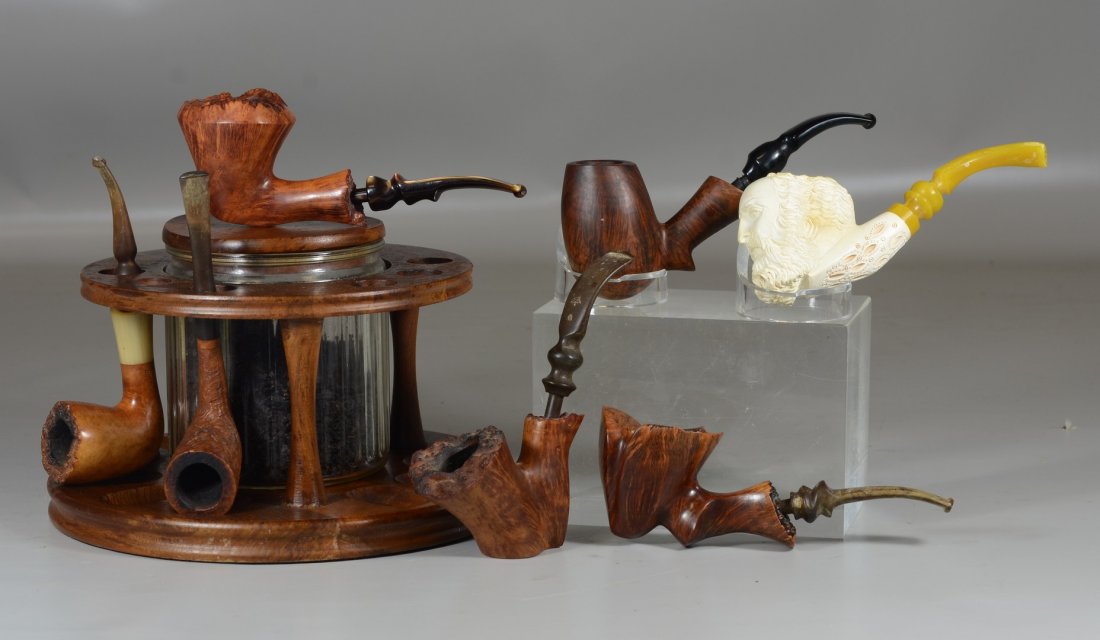 7 smoking pipes and a humidor, (3) Ben Wade (Royal: 7 smoking pipes and a humidor, (3) Ben Wade (Royal Grain, Martinique, Golden Matt), Preben Holm Crown, Lorenzo VIP, Kriswell Chief, carved meerschaum bust of a bearded man, with a walnut pipe stand by