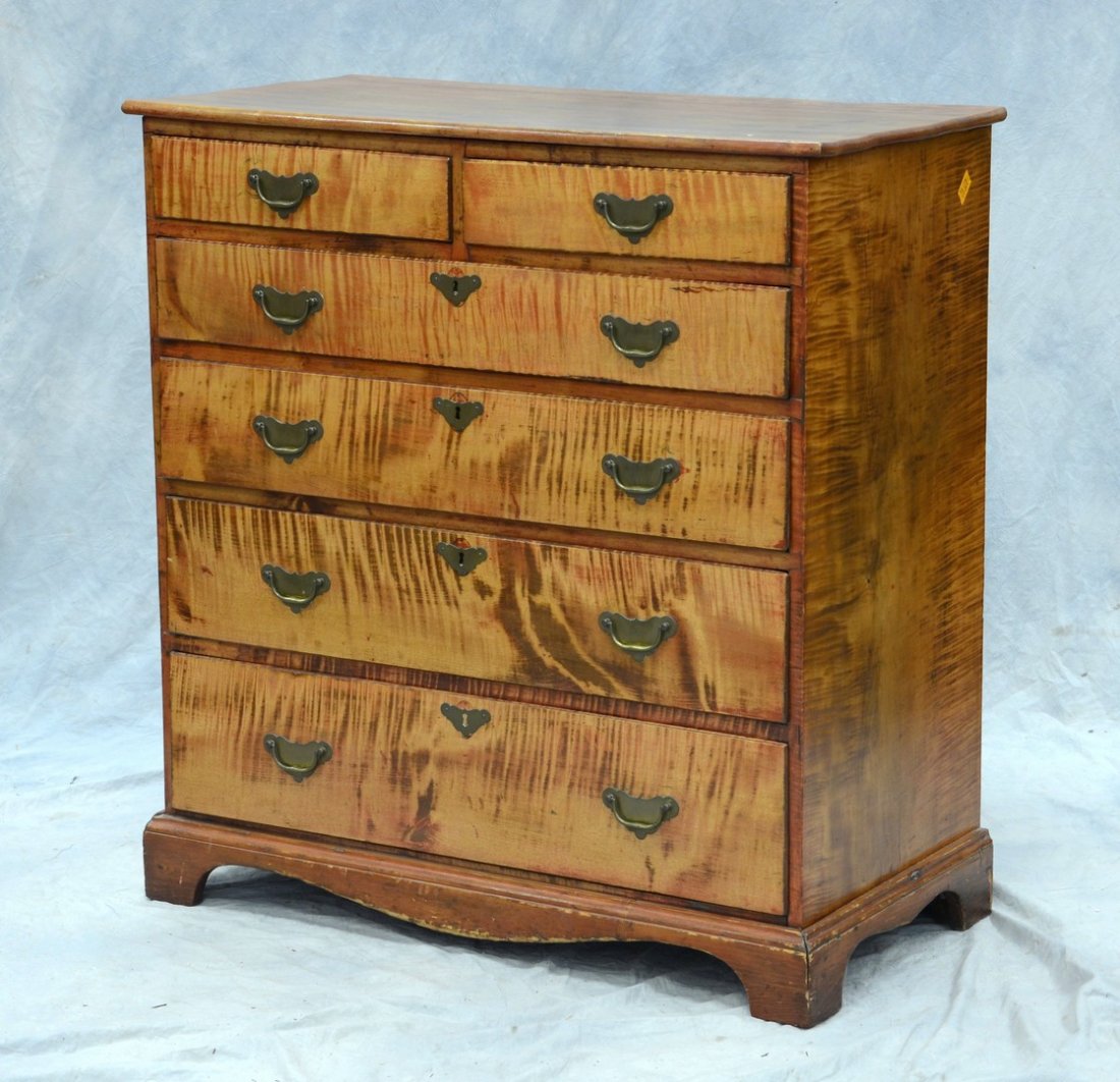 NE figured maple 2 over 3 Chippendale bureau, replaced: NE figured maple 2 over 3 Chippendale bureau, replaced brasses, bracket feet, chestnut secondaries, refinished, late 18th c, 34 3/4" w, 38 1/2" h
