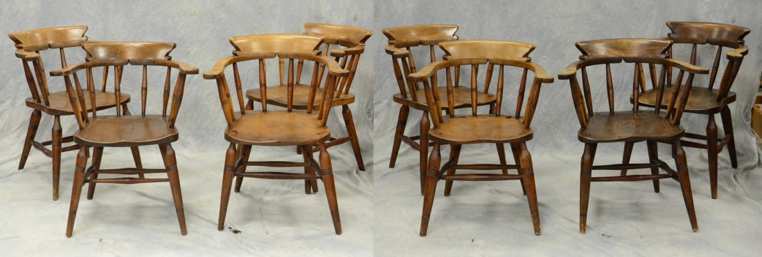 (8) elm and beech Victorian pub chairs, mid 19th c, 30: (8) elm and beech Victorian pub chairs, mid 19th c, 30 3/4" high, 25" w, nicely worn original surface, rear of at least one seat stamped "JFS" under a crown
