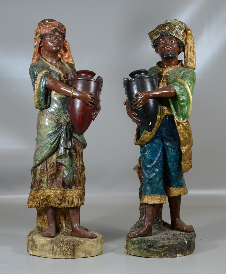 Pair of painted plaster near Eastern figures, about 28": Pair of painted plaster near Eastern figures, about 28" high, chips and minor losses