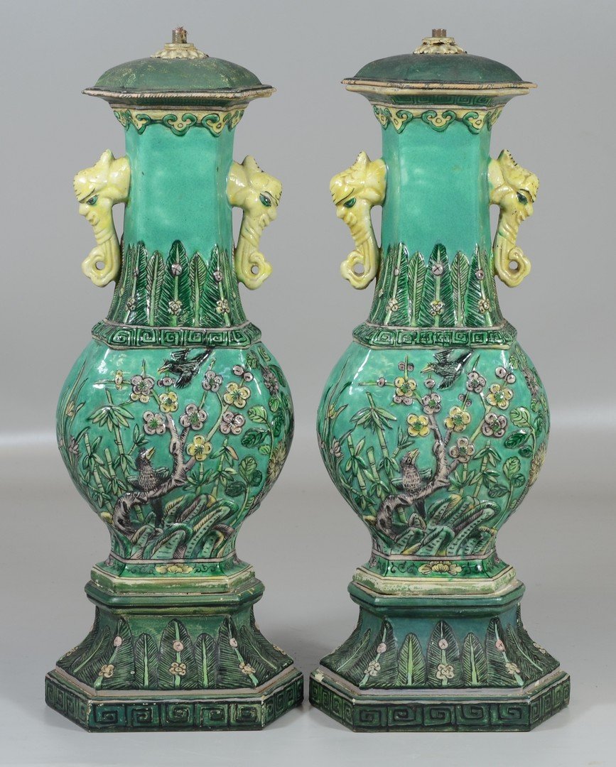 Pair of Chinese green glazed vases with elephant: Pair of Chinese green glazed vases with elephant handles, mounted as lamps, with custom wood bases, vases measure 13" high, overall 17" high