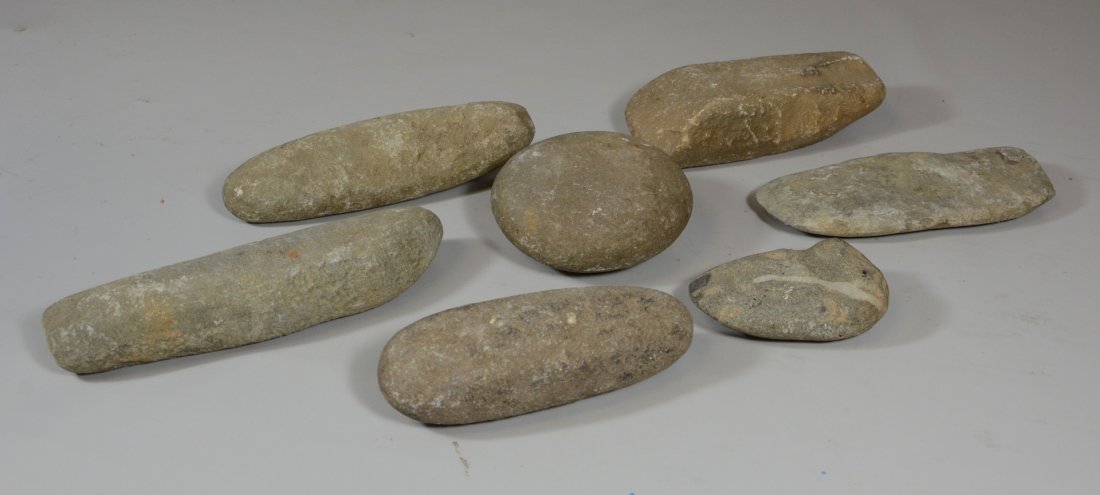 7 Native American carved stone tools, axe heads, etc,: 7 Native American carved stone tools, axe heads, etc, longest 8"