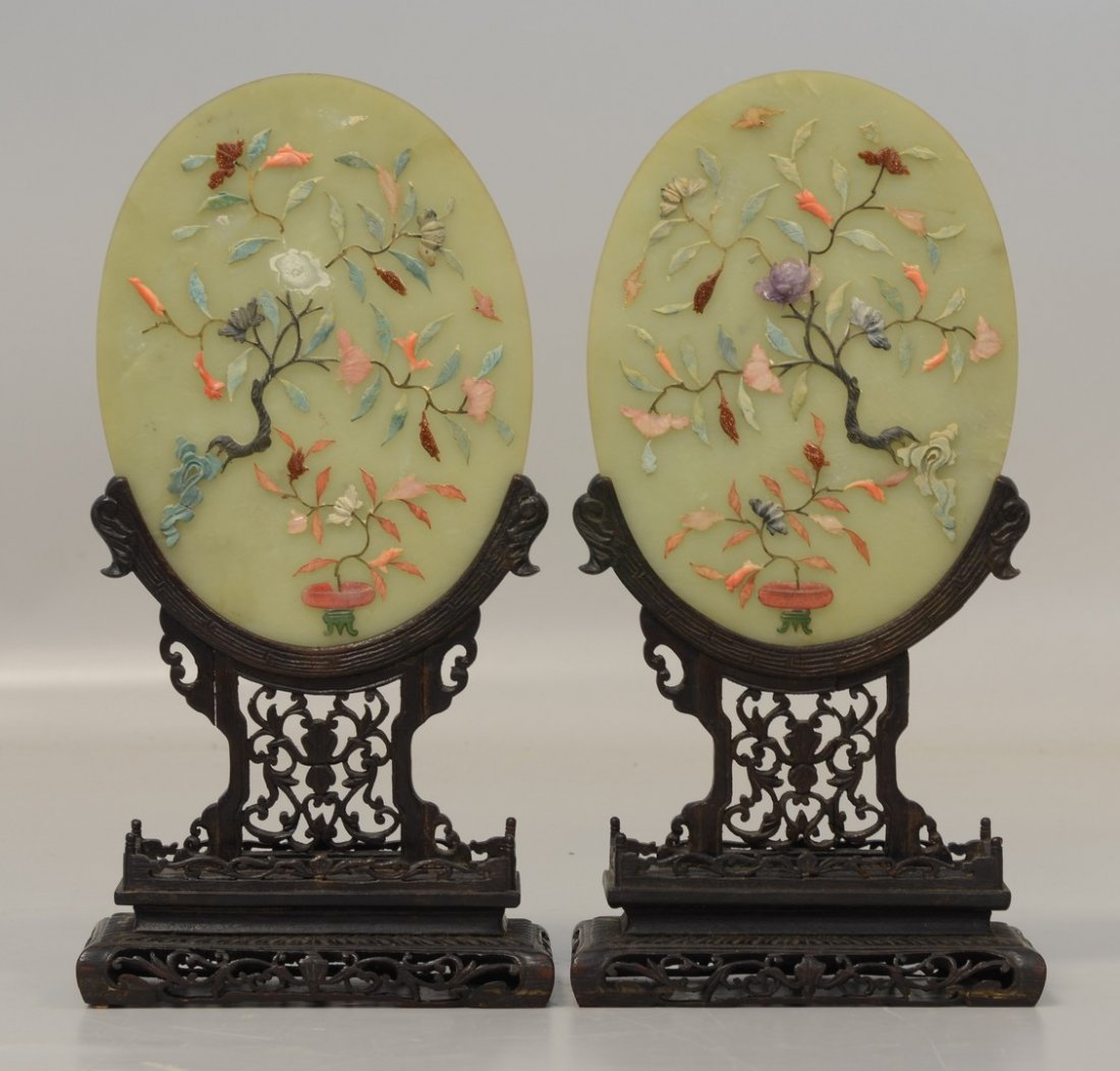 Pair of Chinese hardstone table screens, oval: Pair of Chinese hardstone table screens, oval medallions with mother of pearl, amethyst quartz, coral, etc, 12-1/2" high, together with custom wood stands