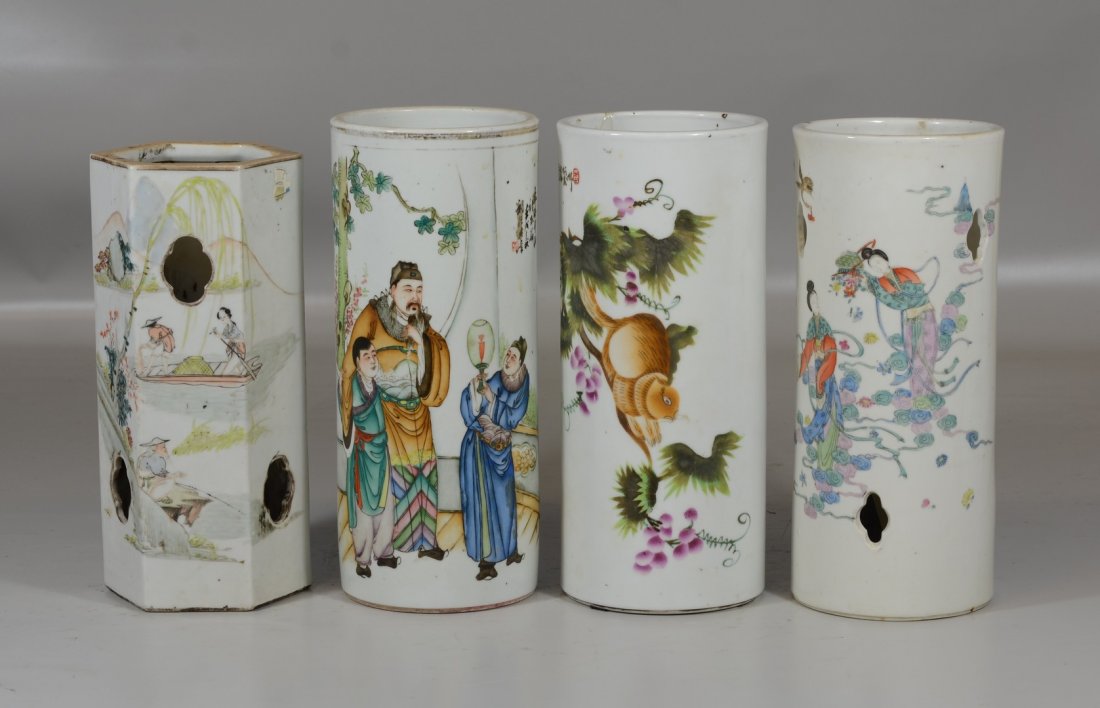 4 Chinese porcelain hat stands: three with marks to: 4 Chinese porcelain hat stands: three with marks to base, two with figures, one with pierced sides and calligraphy, one with squirrel and calligraphy, tallest 11" high